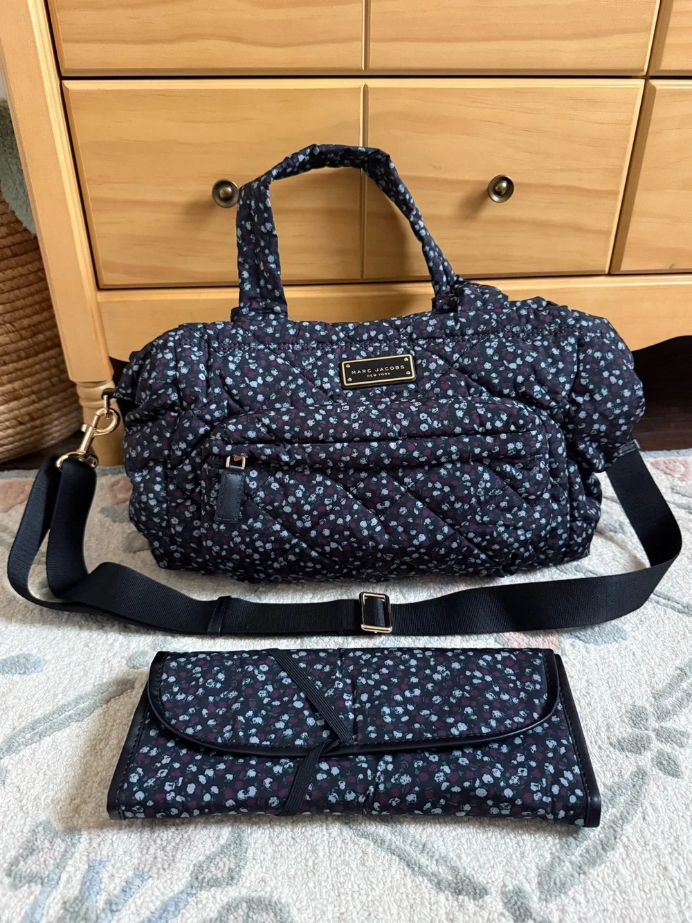 Marc Jacobs Black Quilted Floral diaper bag with Matching changing pad